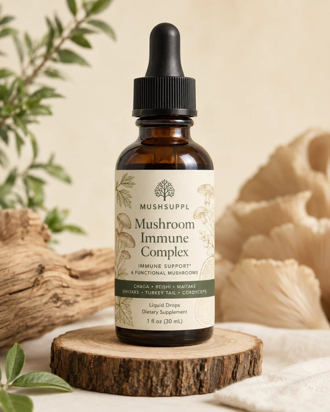 Mushsuppl Mushroom Immune Complex bottle with dropper displayed on natural wood
